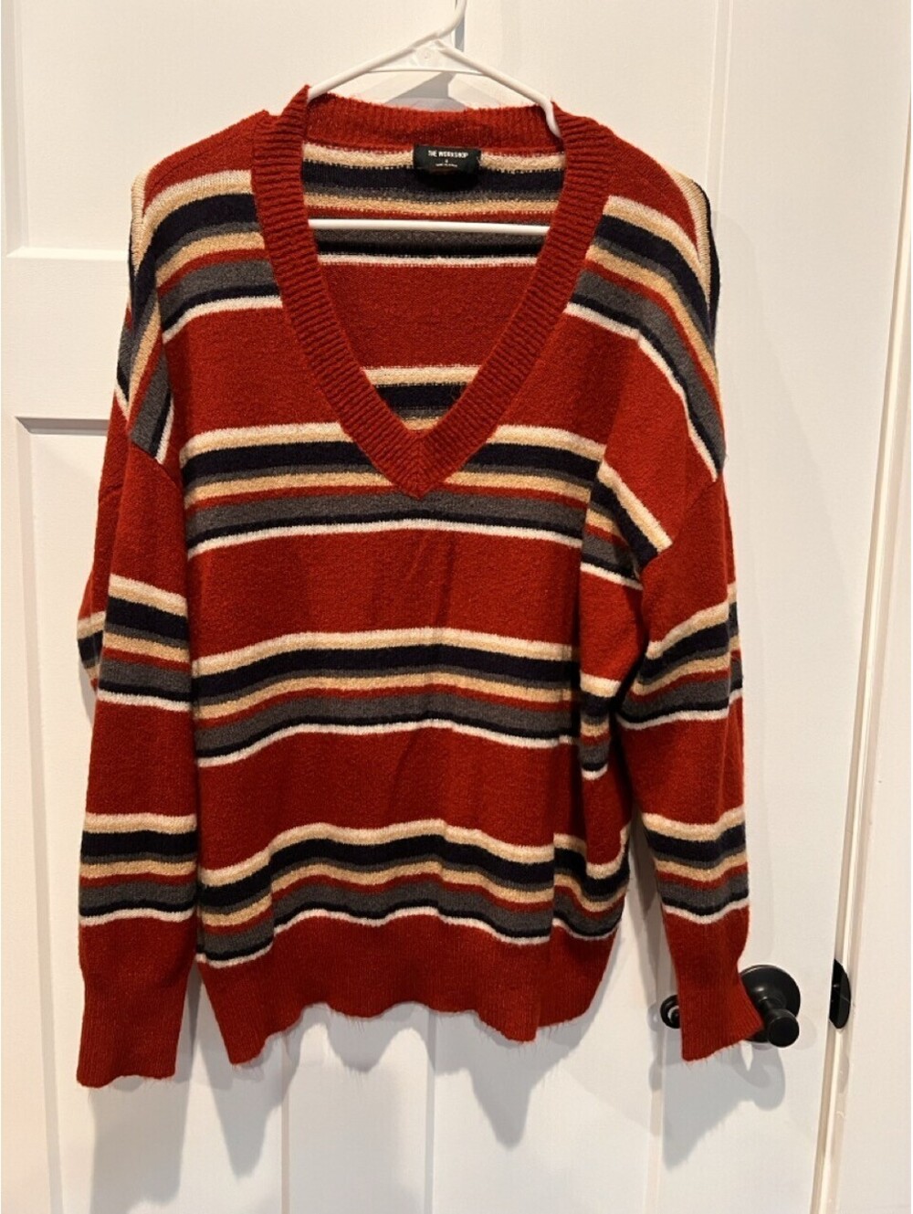 The Workshop Womens S Striped V Neck Sweater Rust Cream Black Teal